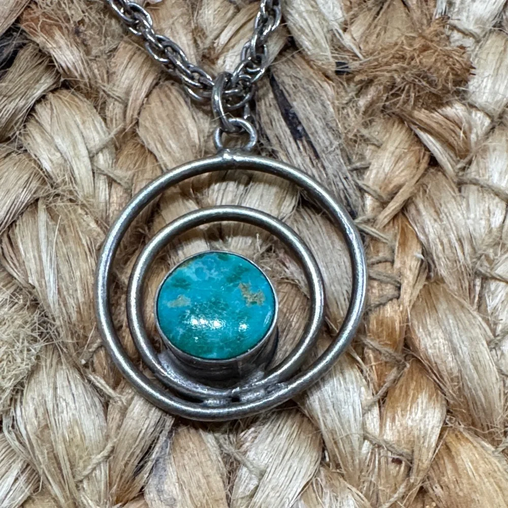 Long Vintage Silver Toned Necklace with Turquoise Pendant - Picture 2 of 4